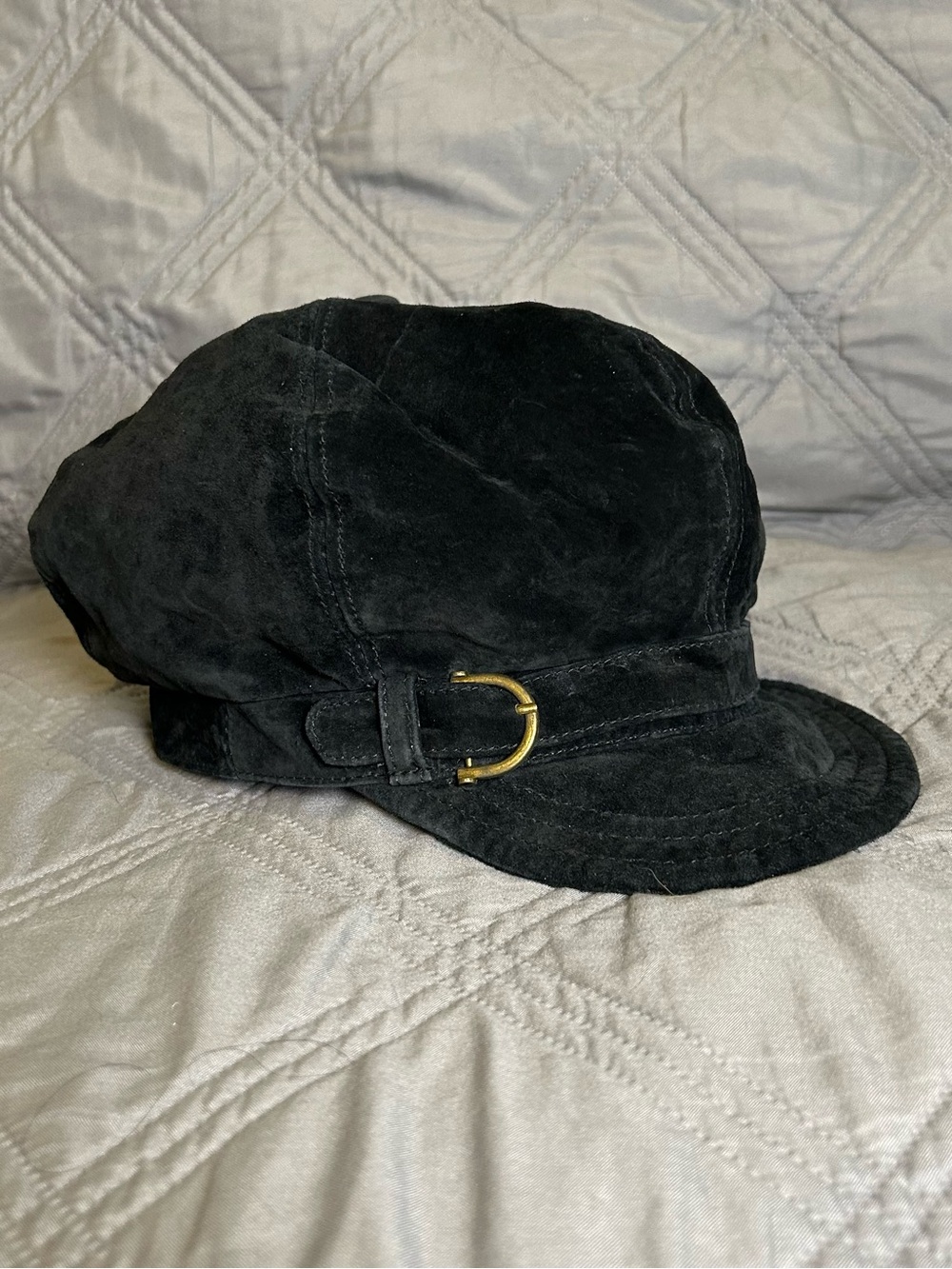 Nine West Black Suede Baker Boy Cap with Brass Buckle